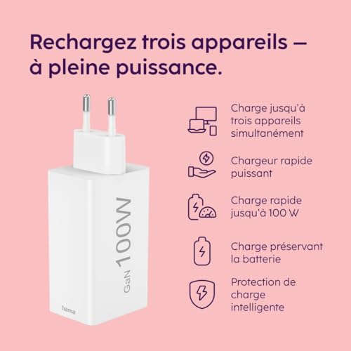 Chargeur rapide USB Type C 100W Hama GaN compact pour smartphone, tablette et PC portable
