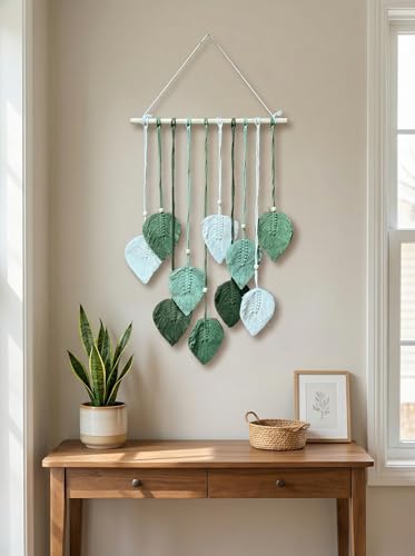 Image of JH Gallery Handmade Macrame Leaf Wall Hanging - Boho Cotton Tapestry with Wooden Beads for Elegant Bedroom, Living Room & Balcony Decor(Green and White)