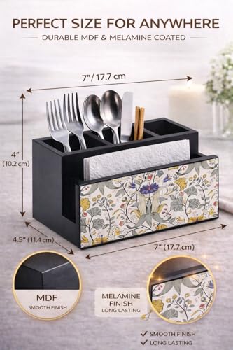 Image of Reinvention Factory Wooden Cutlery Holder I Countertop Organizer - Spoon Fork Knife Napkin Tissue Paper I Home & Kitchen I Size 7 inch X 5 inch X 4 inch I Retro Hibiscus