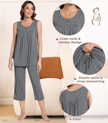 Image of NACHILA Pajamas for Women-Viscose Made from Bamboo, Sleeveless Pjs Top and Capri Pants Pajama Set Cool Pleated Sleepwear