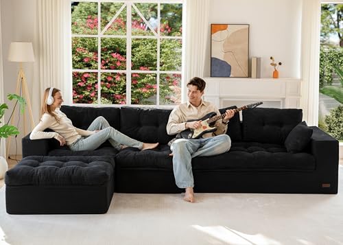 Image of MAXYOYO 132 inch L Shaped Modular Sectional Sofa with Ottoman, Cloud Boneless Couch with Layered Cushion, Upholstered Sofa in a Box, Flexible Module Combination for Living Room, No Assembly, Black