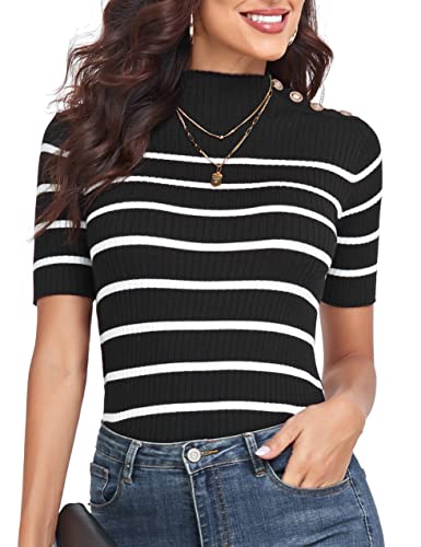 Prettyguide Women's Mock Turtleneck With Button Striped Sweater Short Sleeve Pullover Lightweight Knit Wear Black With White Stripes L #TOP1