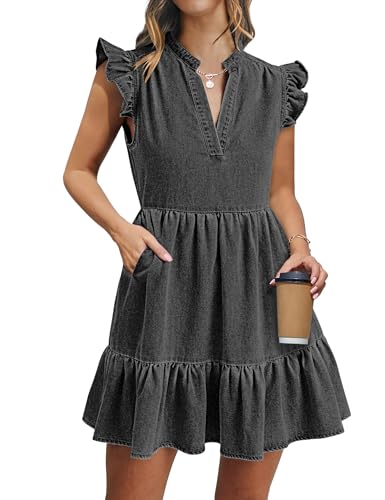 Image of POTILI Denim Dress for Women Mini Jean Dress with Pockets | Ruffle Sleeve, V-neck, Two Side Pockets