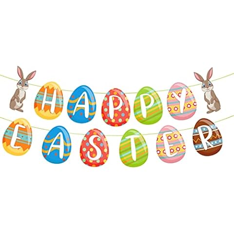 GRESATEK Easter Pull Flag, Happy Easter Banner Gray Bunny Colorful Eggs Ceiling Ornament Garland Easter Indoor Outdoor Party Decorations Cover