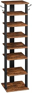 HOOBRO Shoe Rack Wooden, Tall Shoe Rack, Narrow Shoe Storage Organizer with 2 Hooks, Slim Shoe Shelf, Vertical Shoe Tower for Entrance, Living Room, Hallway, Industrial, Rustic Brown EBF07XJ01G1