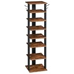 HOOBRO Shoe Rack Wooden, Tall Shoe Rack, Narrow Shoe Storage Organizer with 2 Hooks, Slim Narrow Shelf, Vertical Tower for Entrance, Living Room, Hallway, Industrial, Rustic Brown EBF07XJ01G1