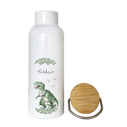Manufaktur Liebevoll Trinkflasche mit Namen | Personalisiertes Geschenk | 500 ml Isolierflasche aus Edelstahl mit Bambusdeckel | mit Dinosaurier