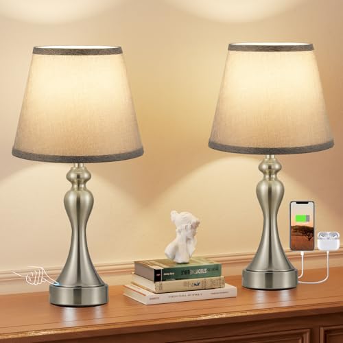 Aooshine Dimmable Grey Bedside Lamps Set of 2, Bedside Lamp with USB A+C Ports, 3 Way Dimmable Table Lamps for Night Stands, Retro Grey Touch Table Lamp(Bulbs Included)