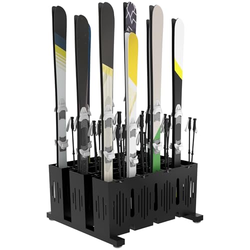 Eastrexon 12-Pair Ski Storage Rack w/Width-Adjustable Fixing Bars, Heavy Duty Metal Freestanding Ski...