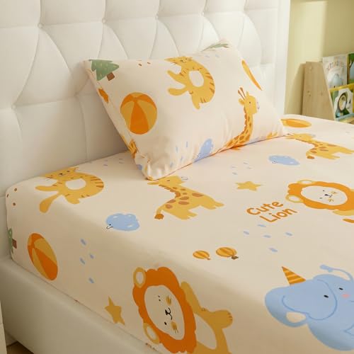 Image of Filymore Kids Single Bed Sheet Set with 1 Pillow Cover - Cute Cartoon Elephant & Lion Print, 240 TC Soft Microfiber Bedsheet for Kids Single Bed, Cream Orange Blue Bedspread, 90x60 Inch