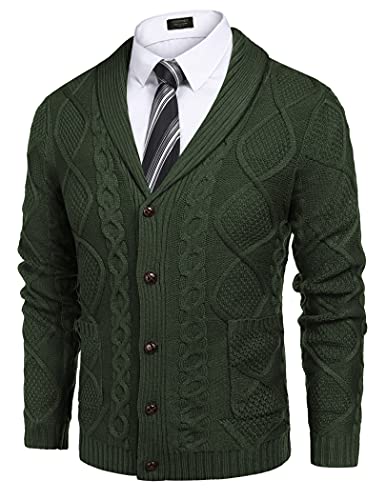 COOFANDY Men's Shawl Collar Cardigan Sweater Slim Fit Merish Aran Button Down Cable Knitted Sweater with Pockets (Army Green, Medium)