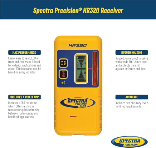 Spectra Precision HR320 Laser Receiver with C59 Rod Clamp, Front & Rear LCD Displays, Loud Speaker, Waterproof, Red