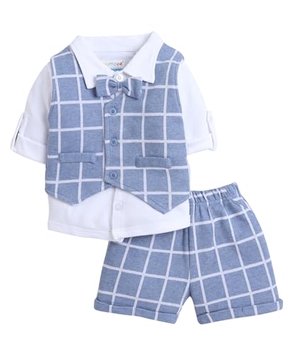 Image of BUMZEE Boys Regular Fit Full Sleeves Collar Neck Cotton Shirt Waistcoat Short Set With Applique Bow