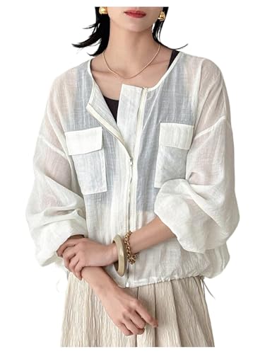 GORGLITTER Women's Linen Jacket Lightweight Zip Up Long Sleeve Sheer Coats Fall Fashion Outerwear 2025