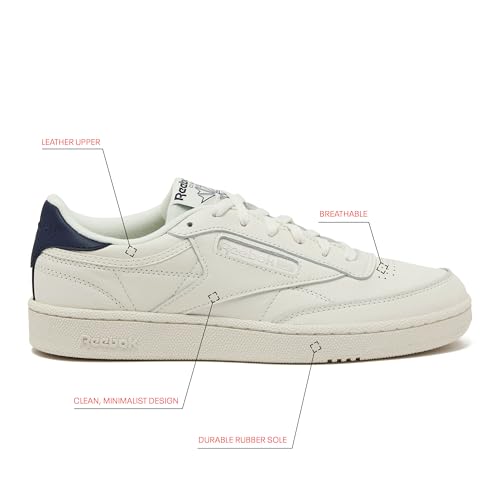 Reebok Club C 85 Mens Tennis Shoes, Casual Fashion White Sneakers for Men, Chalk/Navy/Flint Grey Metallic, 4 - image 2