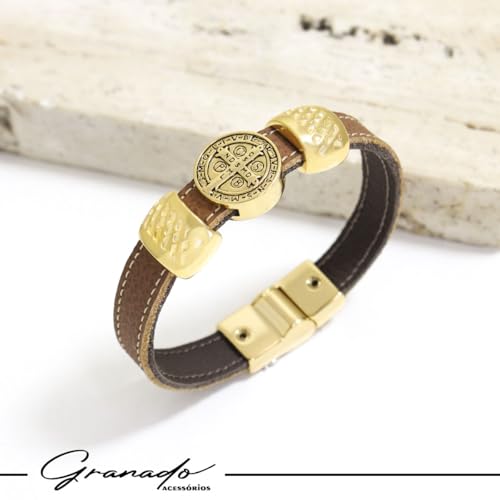 Pulseira São Bento Caramelo Dourado Bracelete Couro Legítimo Magnético Imã (19CM)