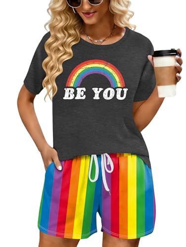 PECHAR LGBTQ Pride 2 Piece Outfit for Women Rainbow Love Wins Short Sleeve T Shirt and Shorts Set Tie Dye Loungewear