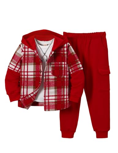 Image of 2Pcs Kids Boys Flannel Plaid Shirt Tops Pants Set Hoodie Sweatsuit for Fall Winter Spring Outfits 4-12 Years