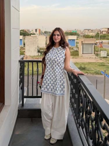 Image of ANNI Designer Farshi Salwar Suit for Women Cotton Printed | Co Ord Set for Woman | Straight Kurta Palazzo Outfit Mandarin Collar Sleeveless Ethnic Dress Womens Clothing