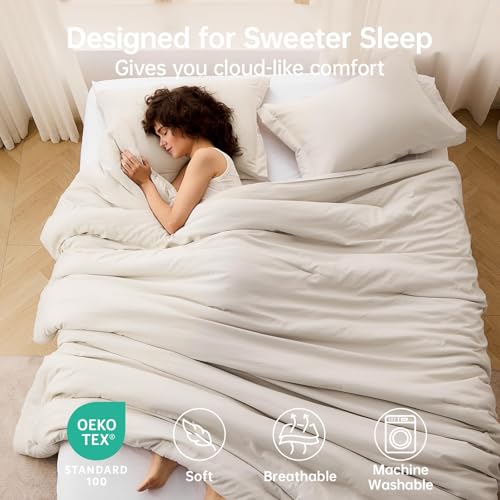 Image of MUXHOMO Beige Oversized King Comforter Sets, All Season Ultra Soft Down Alternative Bedding - 3 Piece Lightweight Bed Set Includes 1 Comforter (120 inchx98 inch) and 2 Pillow Shams (20 inchx36 inch)