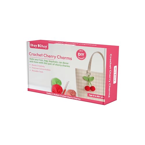 Image of Itsy Bitsy DIY Crochet Cherry Charms Kit Makes 4 | Beginner Friendly Crochet Craft Kit | Make Cute Cherry Keychain Bag Charms Zipper Pulls | Complete DIY Hobby Gift Box
