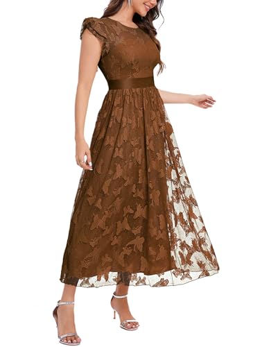Image of Women's Casual Tulle Midi Dress Ruffle Sleeve Crewneck Lace Flowy Dresses Party Wedding Guest Sundress