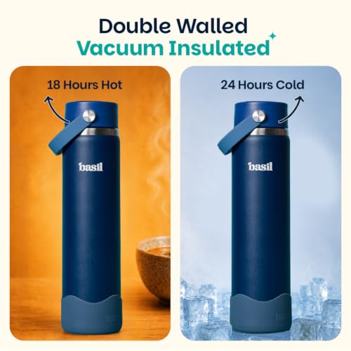 Image of Basil HydraFizz Stainless Steel Insulated Water Bottle for Kids & Adults | 800ml Leakproof Sipper Bottle with Carry Handle | Double Wall Vacuum Thermosteel Bottle for Home, Gym & Travel | Classic Navy