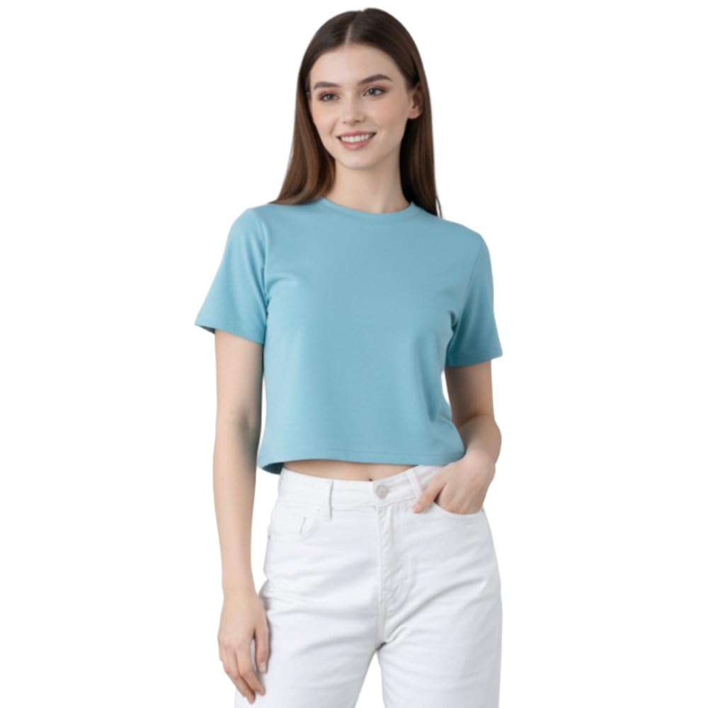 navraah Women Solid Color Crop Top | Round Neck Half Sleeve Casual T-Shirt | Regular Fit Stylish Top for Girls & Women-picture-36