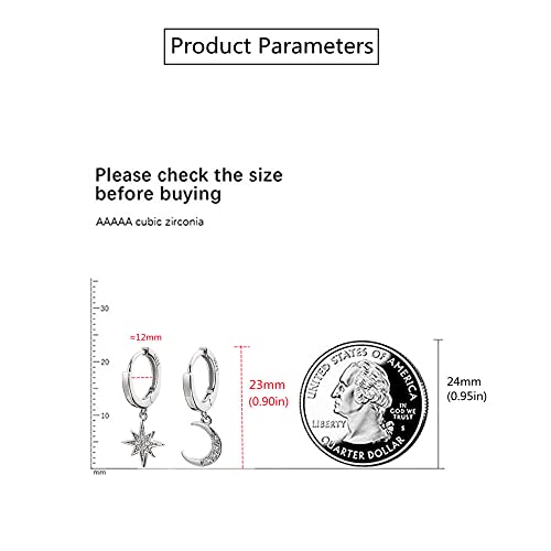 Cz Moon Star Dangle Small Hoop Earrings For Women Girls Sterling Silver With Charms Crystal Asymmetrical Snowflake Crescent Drop Mini Cartilage Clip Jewelry Delicate Fashion Birthday Gifts Best Friend #TOP4
