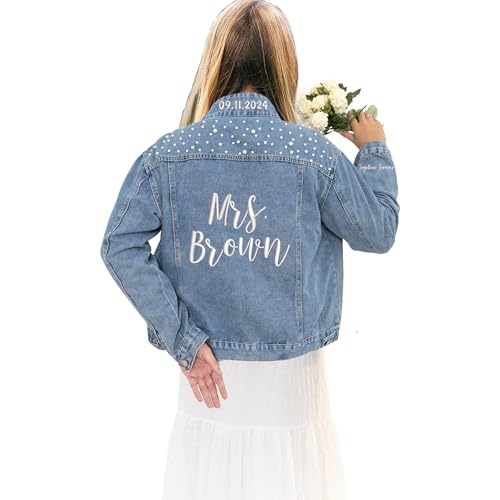 Custom Bride Denim Jacket With Pearls And Personalized Name, Wedding Jean Jacket for Bride, Mrs. Last Name Denim Jackets With Wedding Date, Custom Embroidered Jean Jackets, Engagement Gift