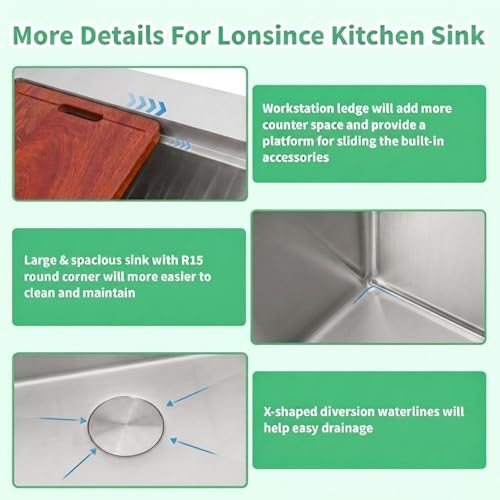 Lonsince Drop In Kitchen Sink 26" X 22",Single Bowl Workstation Sinks by Lonsince - Used condition - Image 6