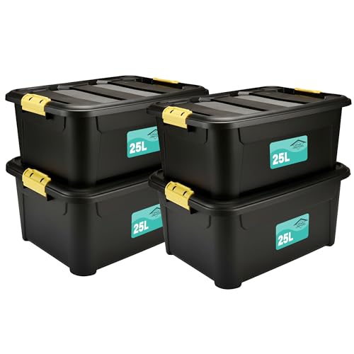 Pack Of 4 Plastic Storage Boxes Black Heavy Duty Multi-Purpose Indoor & Outdoor Stackable Strong Container Lid Yellow Lock Clip Handles Home Office School Arts & Crafts Nestable (25 Litre)