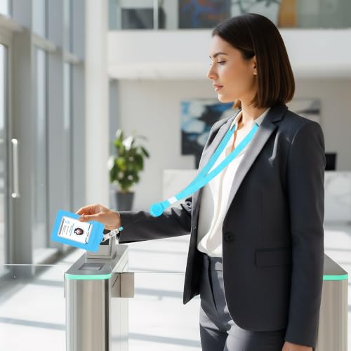 Image of Conisy ID Badge Holder with Retractable Lanyard, Vertical PU Leather ID Badge Card Holder with 2 Card Slots for Women Men (ID Badge Holder SkyBlue)