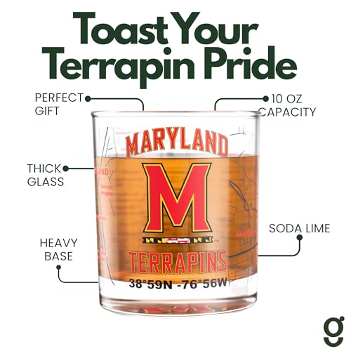 Image of Greenline Goods University of Maryland Terrapins Whiskey Glasses Set of 2, 10 oz Rocks Glasses with Full-Color Logo & Campus Map - Officially Licensed Bourbon Glass Gift for Alumni & Fans