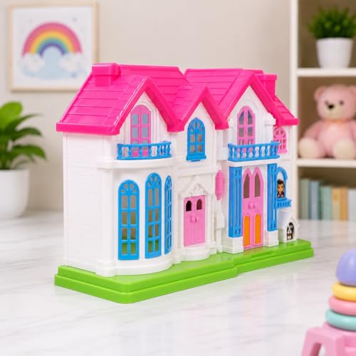Image of My First Villa Portable Dollhouse Playset for Kids | Vibrant Pretend Play Toy Home with Balcony, Windows, and Openable Doors | Birthday Gift for Girls & Toddlers (Blue & Pink) (Pink)