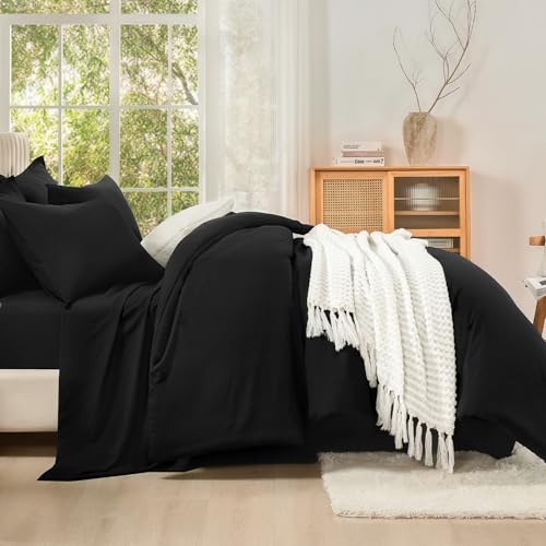 Image of Litanika Comforter King Size Set Black - 7 Pieces Bed in a Bag King Bedding Comforter Sets, Plain Lightweight Bed Set with Comforter, Sheets, Pillowcases & Shams