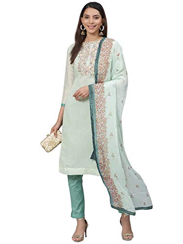 Image of AKHILAM Women's Chanderi Cotton Embroidered Unstitched Salwar Suit Material (Red 32DMK80 M Parent)