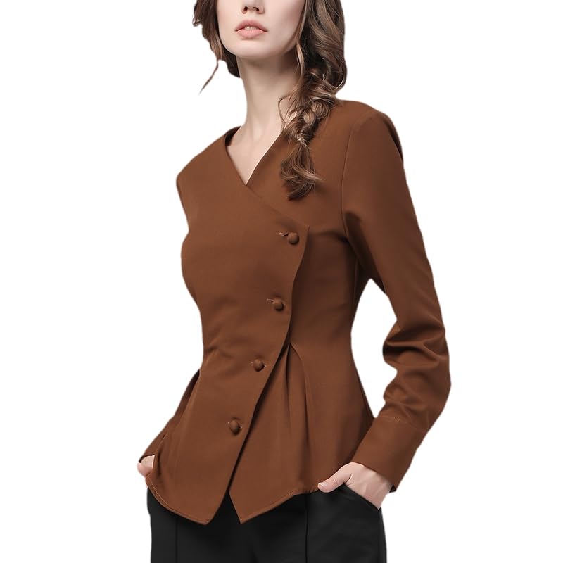 Chemise asymétrique Couleur Bonbon pour Femmes, Simple Boutonnage, Manches Longues, col en v, Taille Haute, Hauts Slim, Chemisiers de Bureau d'automne (Marron S)