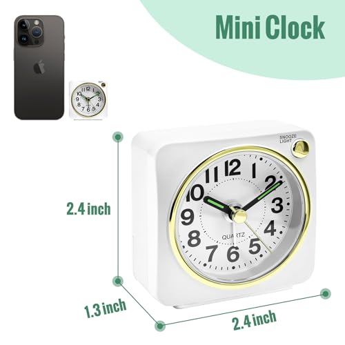 Image of Lamisola White and Gold Battery Analog Travel Alarm Clock, Ultra Small Classic Bedside Clocks for Nightstand, Cute Desk Clock for Romm Bathroom Kitchen Guest Room, White