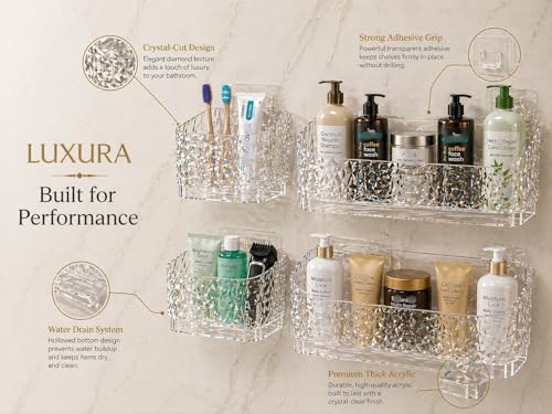 Image of Luxura Self Adhesive Bathroom Shelf Set of 4 | Clear Acrylic Bathroom Organizer | Wall Mounted Bathroom Rack | Waterproof & Rustproof Storage Shelf for Bathroom & Kitchen