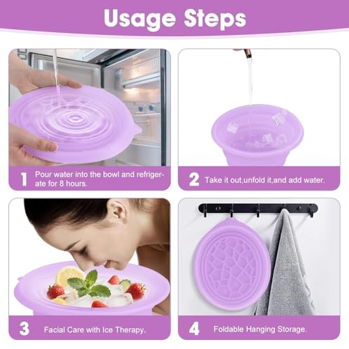 Image of (1 pic Hook) with Silicone Face Bowl for Ice with Built-in Icetray, Collapsible Face Tub for Ice Bath, Facial Ice Plunge Bowl, Ice Water Facials at Home (Purple)