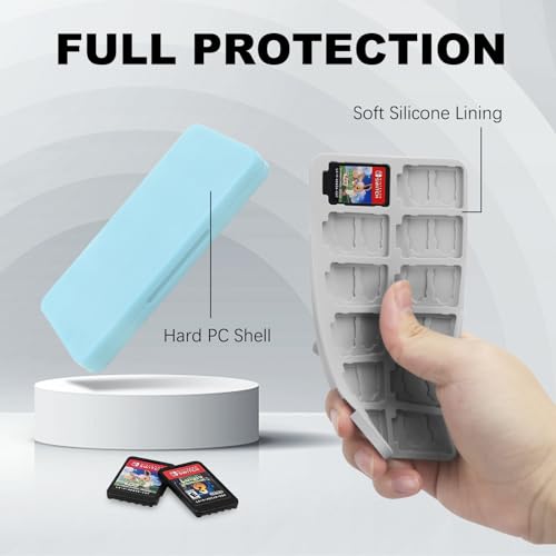 Image of FYY Nintendo Switch Game Case Holder for Switch 2 Cartridge Case with 24 Game Card Slots & 48 Micro SD Card Slots, Hard Shell, Silicone Lining Light Blue