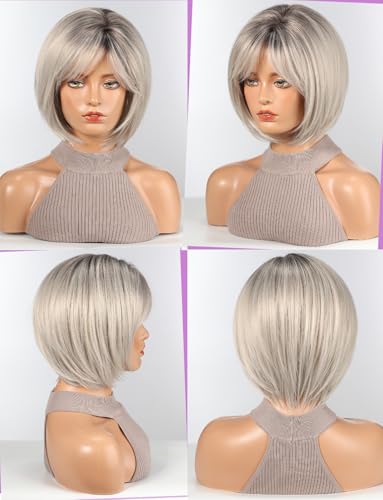 HAIRCUBE Bob Wigs for Women Synthetic Wig with Fringe Grey Color, 21"-23" - Image 4