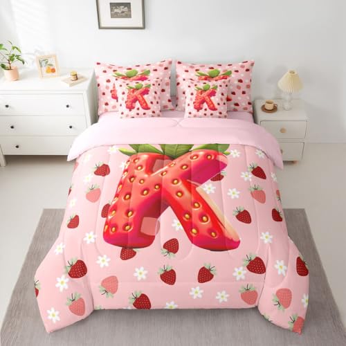 Image of Feelyou Girls Cute Strawberry Comforter Set With Sheets 7 Piece King Size Pink Strawberry Bed in a Bag Kids Boys Girls Initial Letter K Bedding Set Bedroom Decor Breathable Soft Lightweight Microfiber