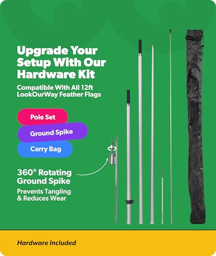 Image of LookOurWay Feather Flag Pole Kit - 12 Feet Tall Advertising Flag Banner with Fiberglass Pole Kit and Ground Spike for Business Promotion - Grand Opening Flags - Open Sunday (10M1200275)