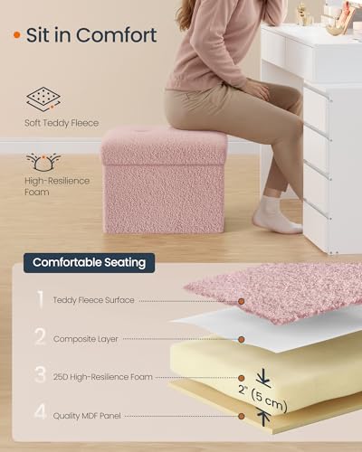 Image of SONGMICS Small Folding Storage Ottoman, Jelly Pink | Foot Rest Stool, 12.2 x 16.1 x 12.2 Inches, 286 lb Capacity, Bedroom, Dorm, ULSF094R01
