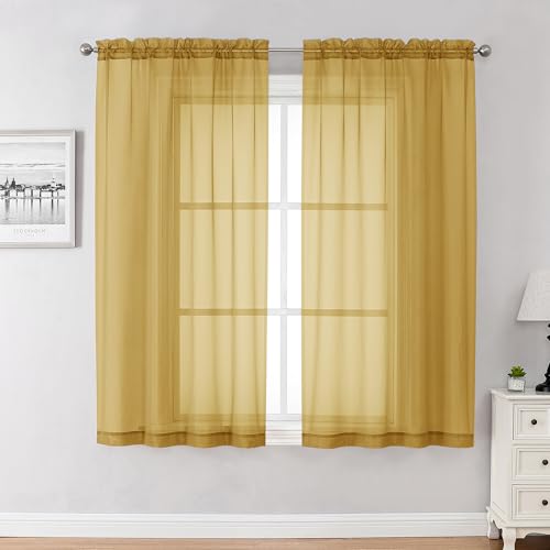 Image of Chyhomenyc Gold Sheer Curtains 45 Inch Long 2 Panels, Short Voile Drapes for Dinning Small Windows Bathroom Living Room Bedroom, Rod Pocket, 42Wx45L Inches