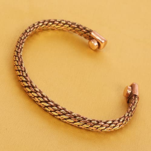 Image of Touchstone Copper Magnetic Hand Forged With Solid And High Gauge Tibetan Style Multi Layer Braid Pattern Minimalistic Elegance Pure Copper Bracelet In Two Tones.