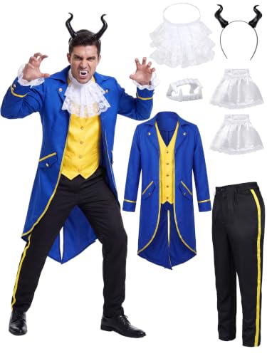 COSWEARX 6 Piece Beast Costume for Men Halloween Prince Cosplay Costumes Tailcoat Pants Collar Cuffs Faux Fangs Horn Headband