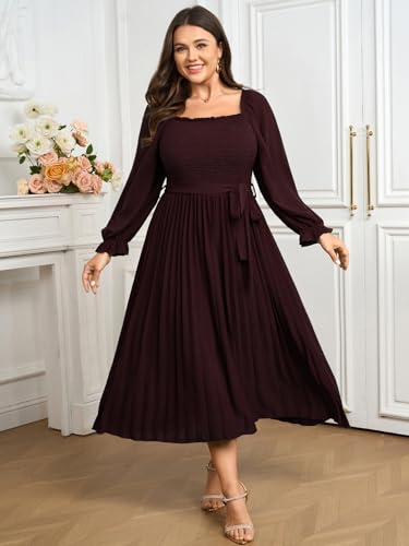 Women's Plus Size Dress Long Sleeve Smocked Square Neck Ruffle Pleated Flowy Wedding Guest Maxi Fall Dress4